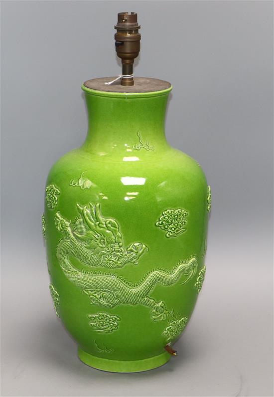 A Chinese green crackle glaze dragon vase converted to a lamp.